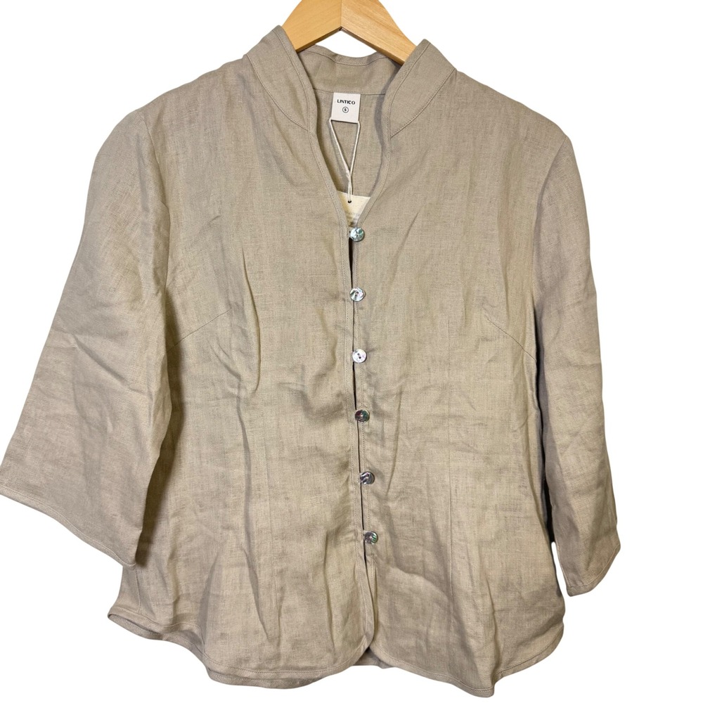 NWT Lintico Top Small Linen Button Up 3/4 Sleeve Tan‎ Mandarin Collar Lagenlook